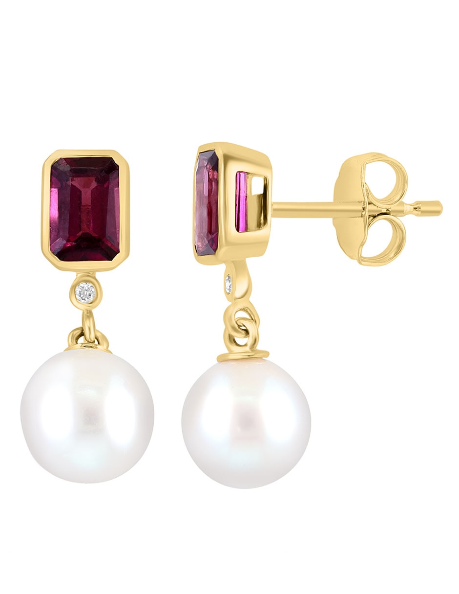 Aretes Luna de oro diamante, rodolita y perla de agua dulce 2