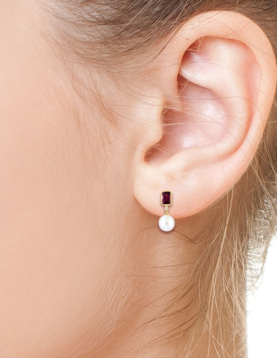 Aretes Luna de oro diamante, rodolita y perla de agua dulce 3
