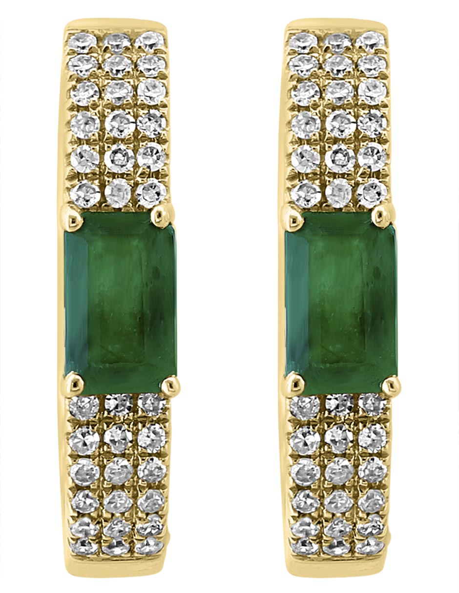 Aretes huggies de oro amarillo 14 K con acabado pulido esmeralda y diamante