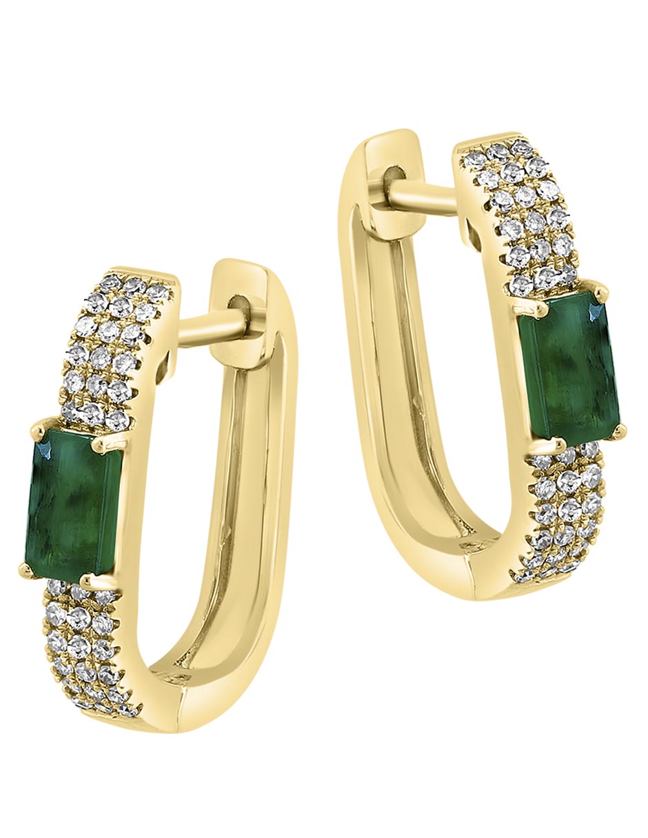 Aretes huggies de oro amarillo 14 K con acabado pulido esmeralda y diamante 2