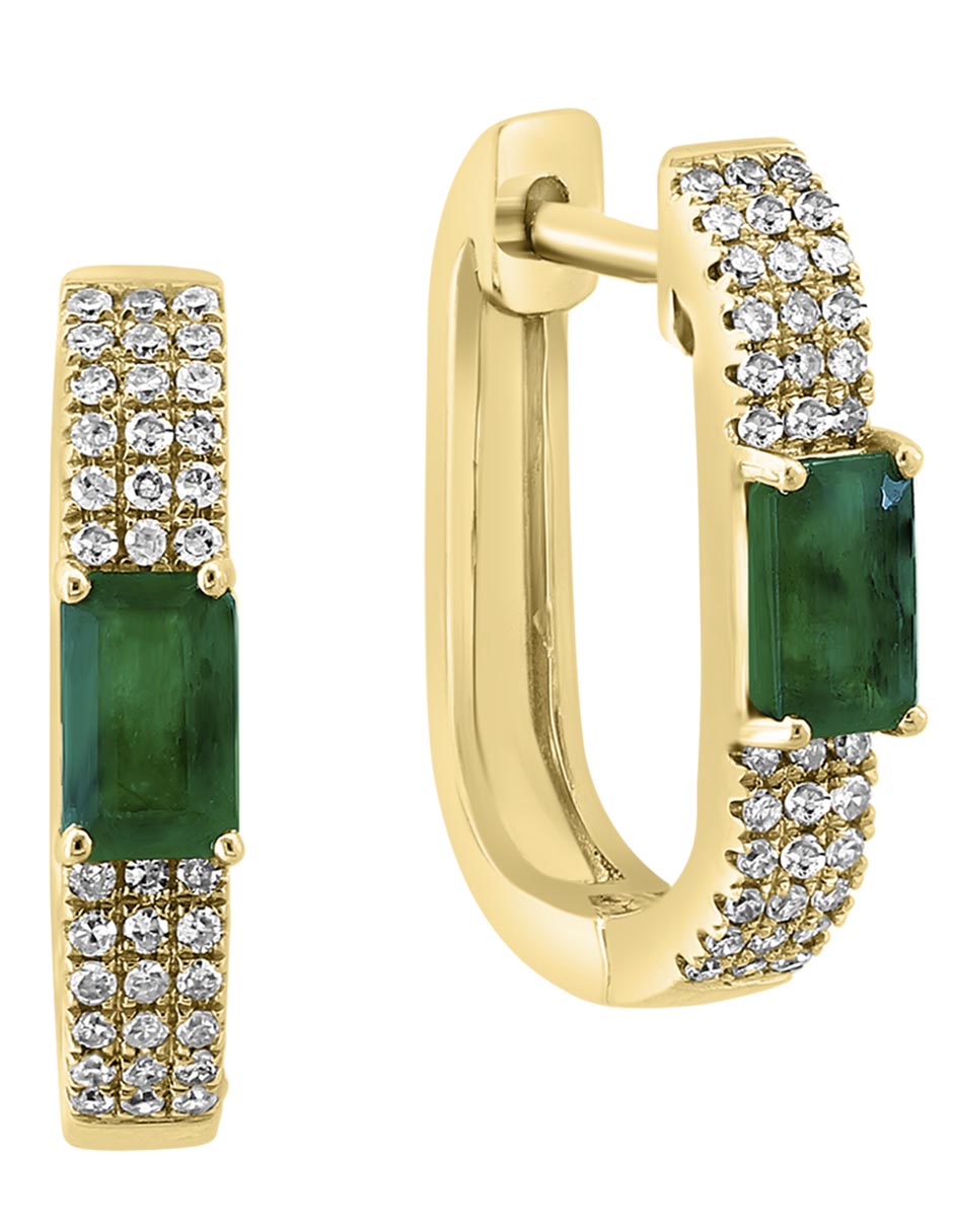 Aretes huggies de oro amarillo 14 K con acabado pulido esmeralda y diamante 3