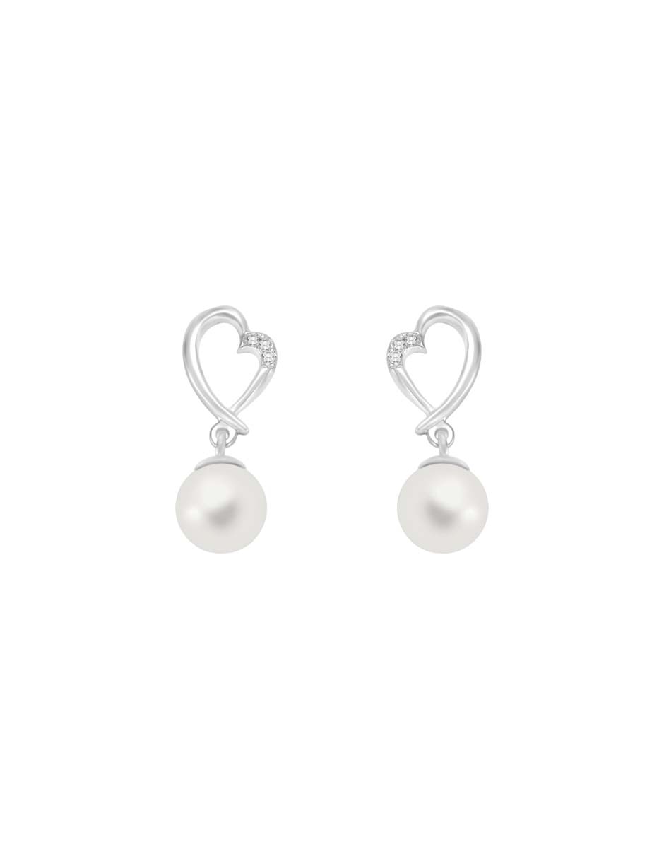 Aretes de corazón Lob de oro blanco con acabado espejo perla y diamante