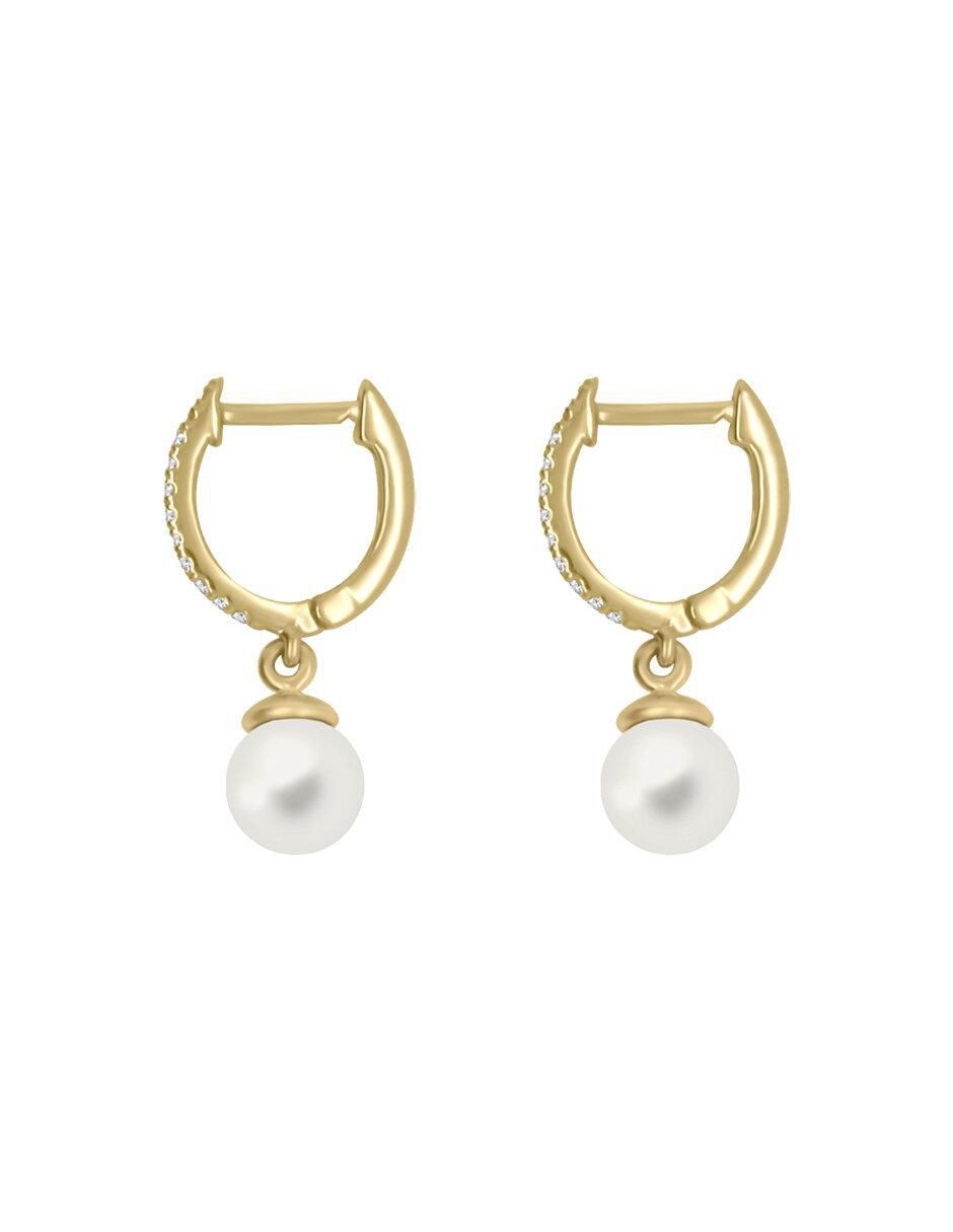 Aretes redondos Moly de oro con acabado brillante perla y diamante 2