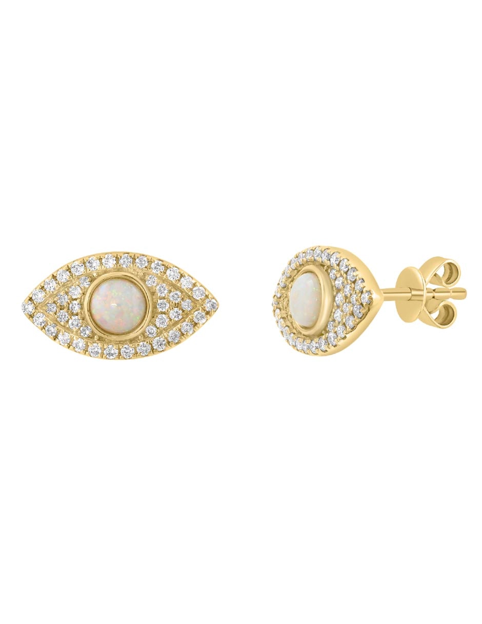 Broqueles de ojo de oro 14 K con acabado pavé diamante y ópalo Broqueles de ojo de oro 14 K con acabado pavé diamante y ópalo