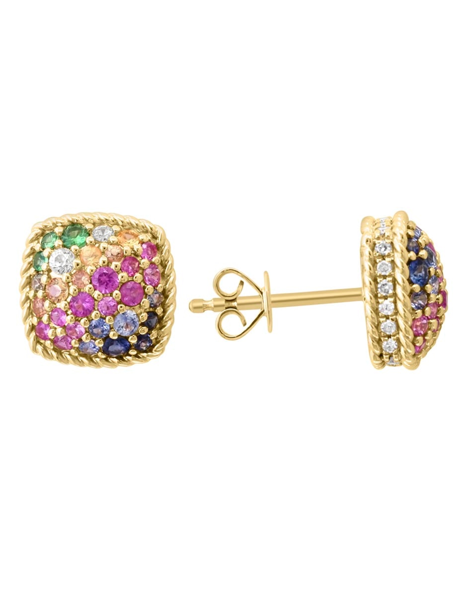 Broqueles cuadrados de oro 14 K con acabado lustre zafiro y diamante