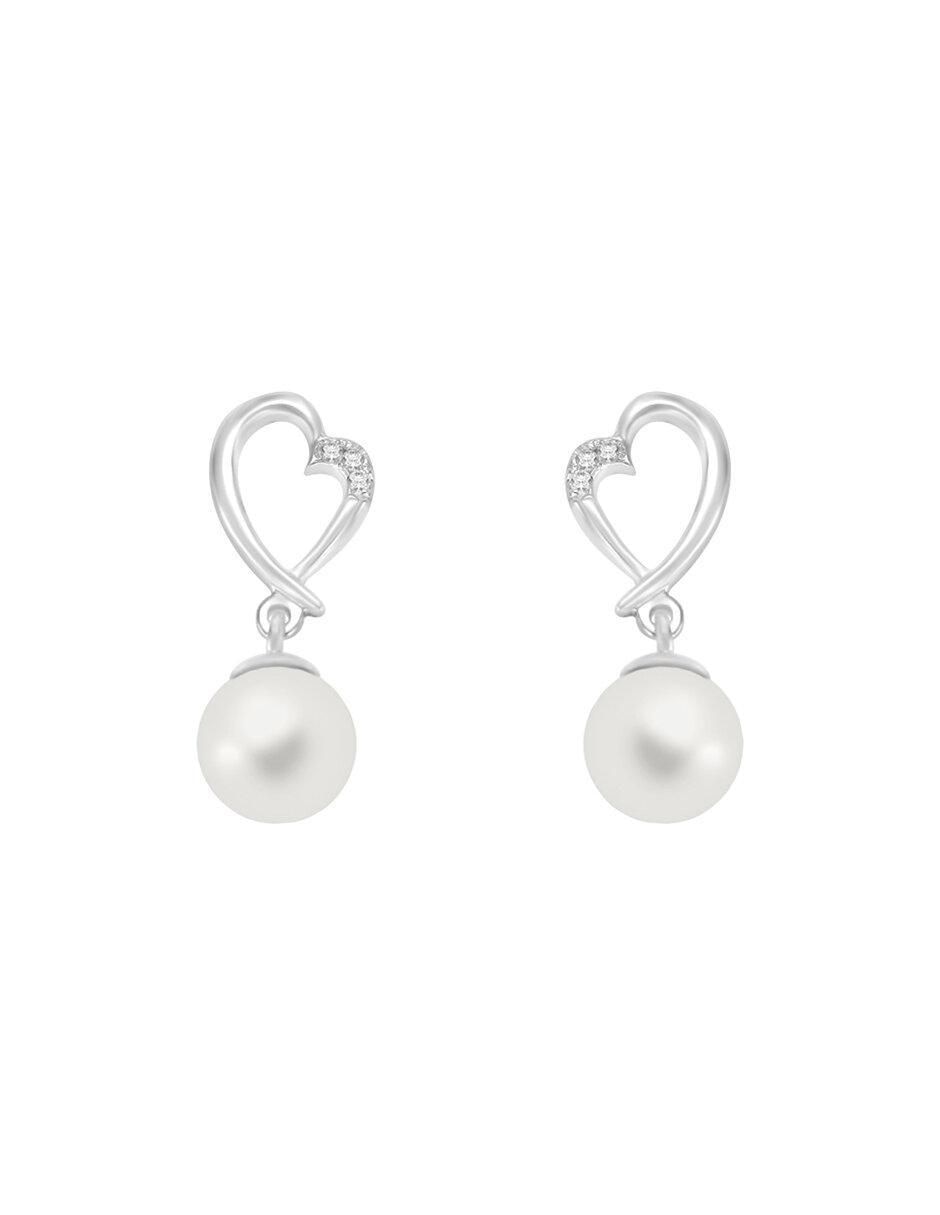 Aretes de corazón de oro blanco con acabado brillante perla y diamante Aretes de corazón de oro blanco con acabado brillante perla y diamante