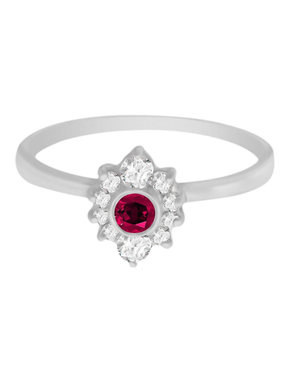 Anillo Finea 14 k de oro blanco rubí y diamante brillante