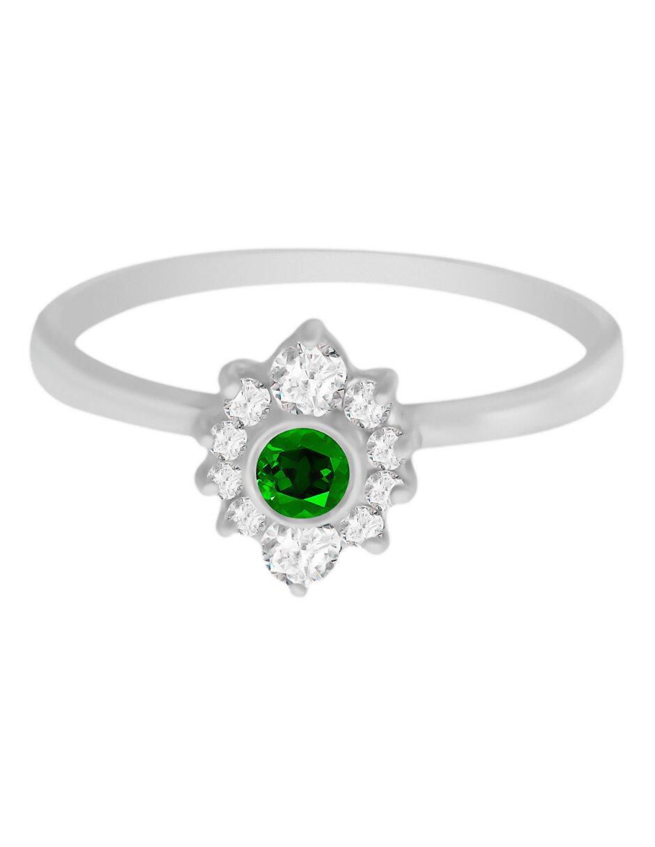 Anillo Finea 14 k de oro blanco esmeralda y diamante brillante