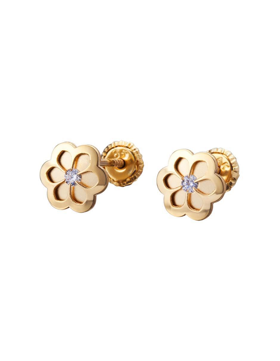 Broqueles de flor Exclusiva de oro amarillo con acabado espejo zirconia 2