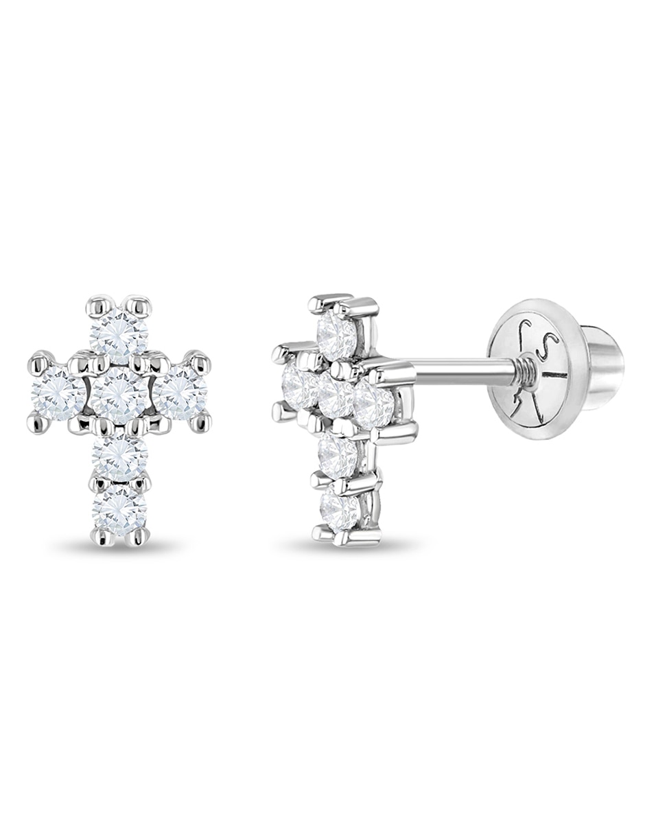 Broqueles de cruz de oro blanco con acabado brillante zirconia cúbica