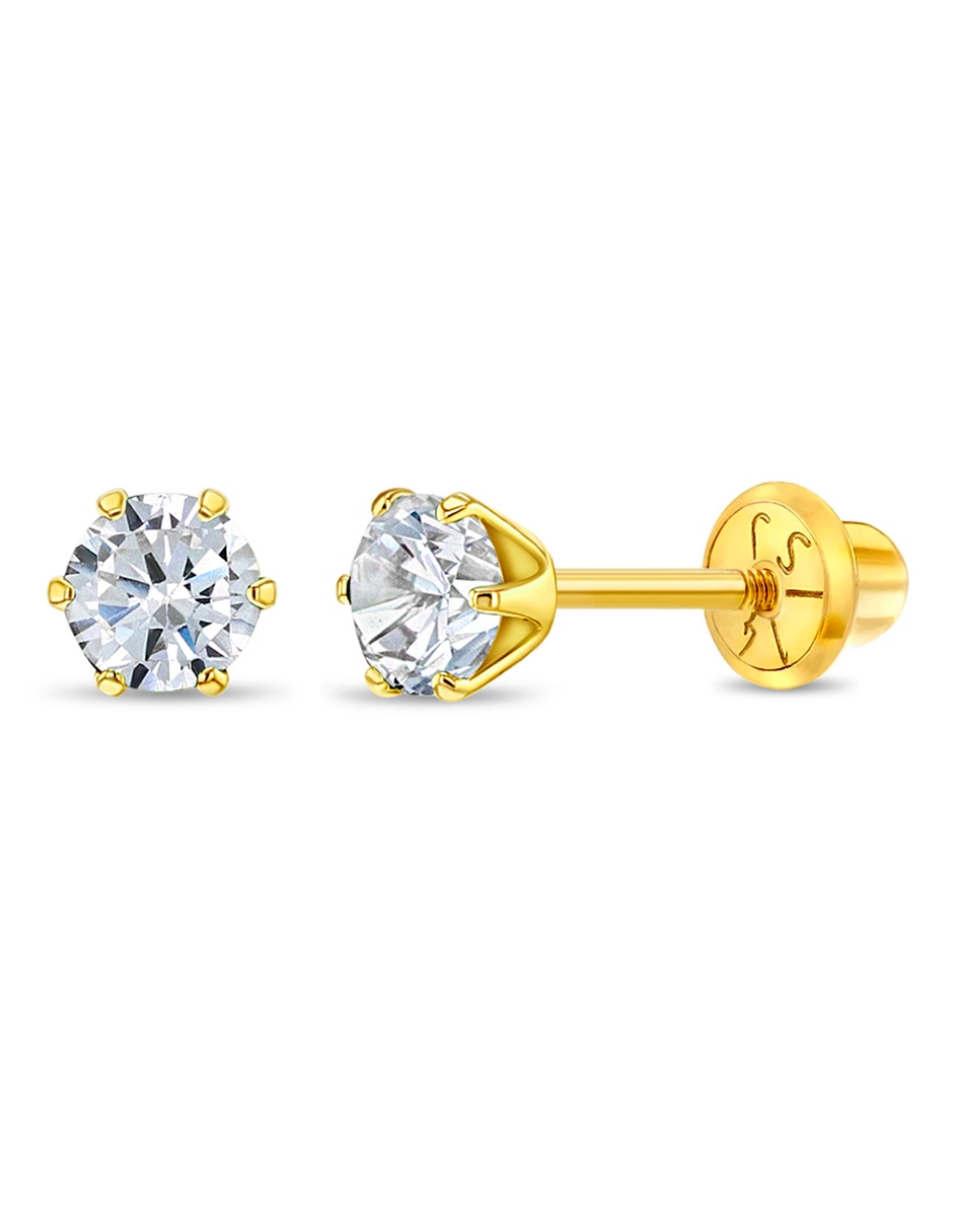 Broqueles redondos de oro amarillo con acabado brillante zirconia cúbica