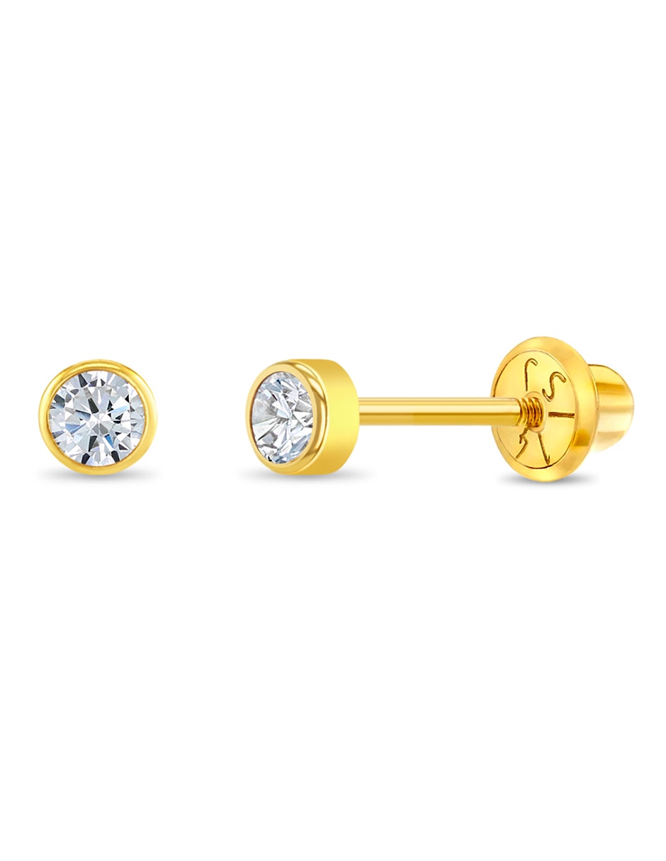 Broqueles redondos de oro amarillo con acabado brillante zirconia cúbica