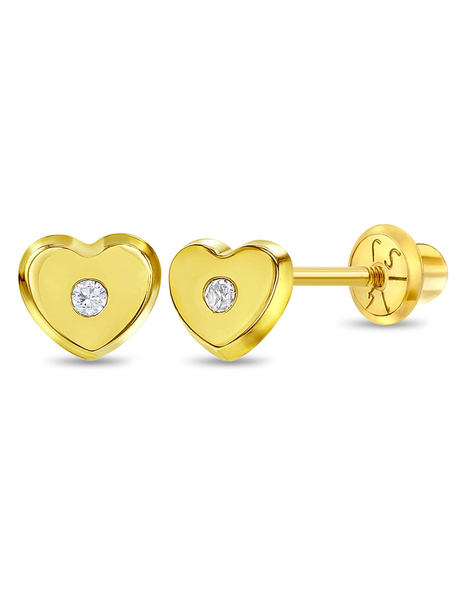 Broqueles de corazón de oro amarillo con acabado brillante zirconia cúbica