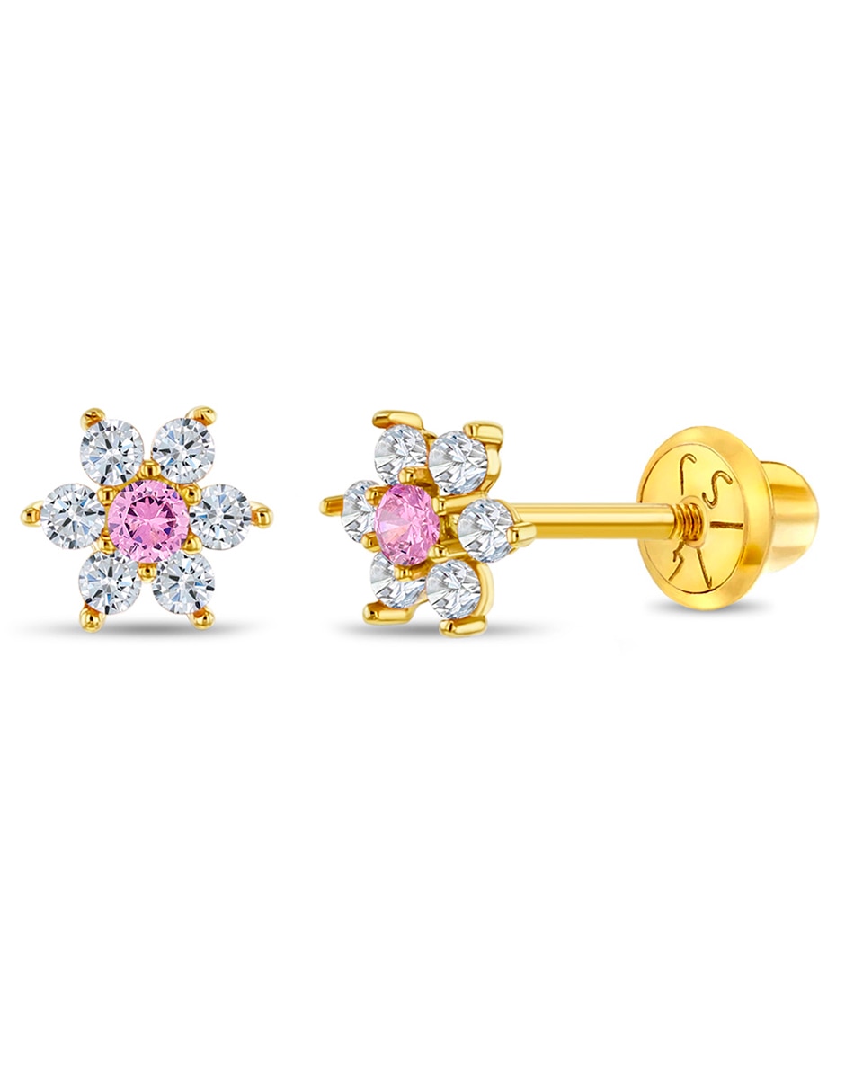 Broqueles de flor de oro amarillo con acabado brillante zirconia cúbica