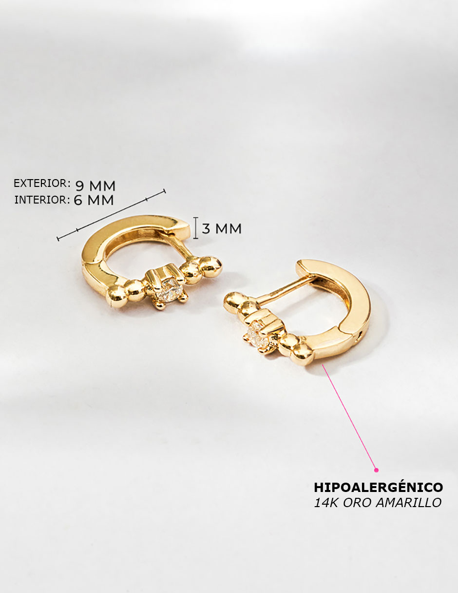 Aretes de aro redondos de oro amarillo con acabado brillante zirconia cúbica 3