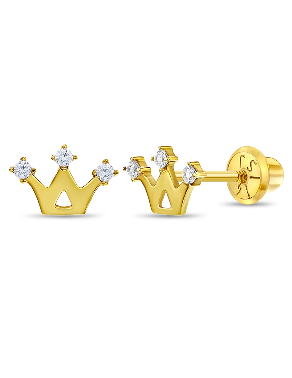 Broqueles de corona de oro amarillo con acabado brillante zirconia cúbica