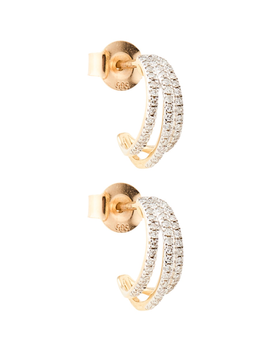 Arete corto de media luna de oro 14 K con acabado pavé diamante 2