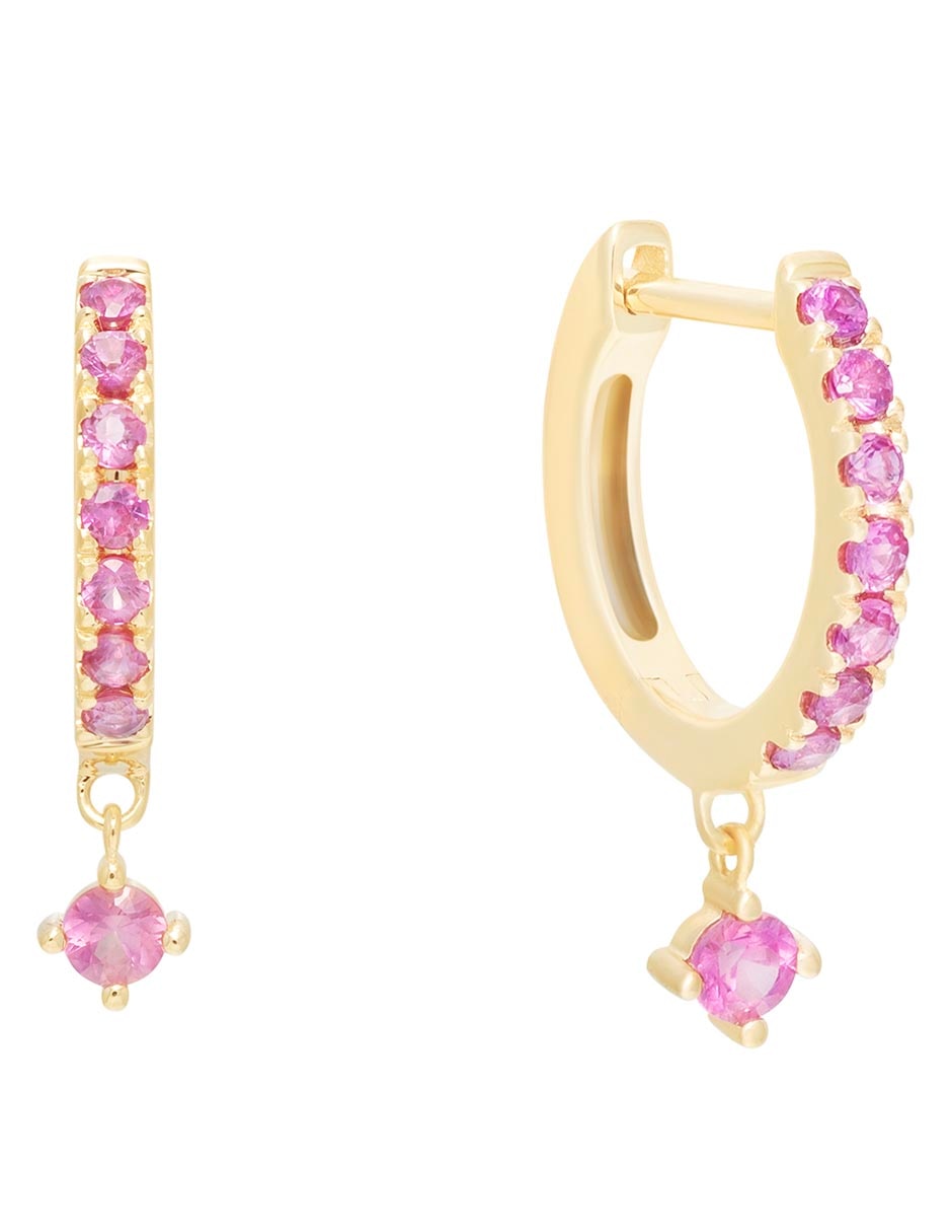 Aretes de aro circulares de oro 14 K con acabado pavé zafiro rosa