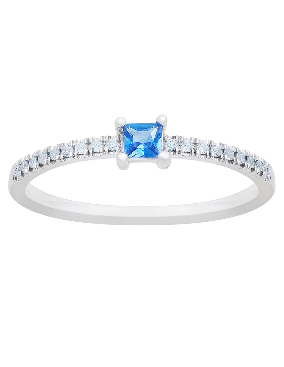 Anillo cuadrado 14 k de oro blanco zafiro pavé