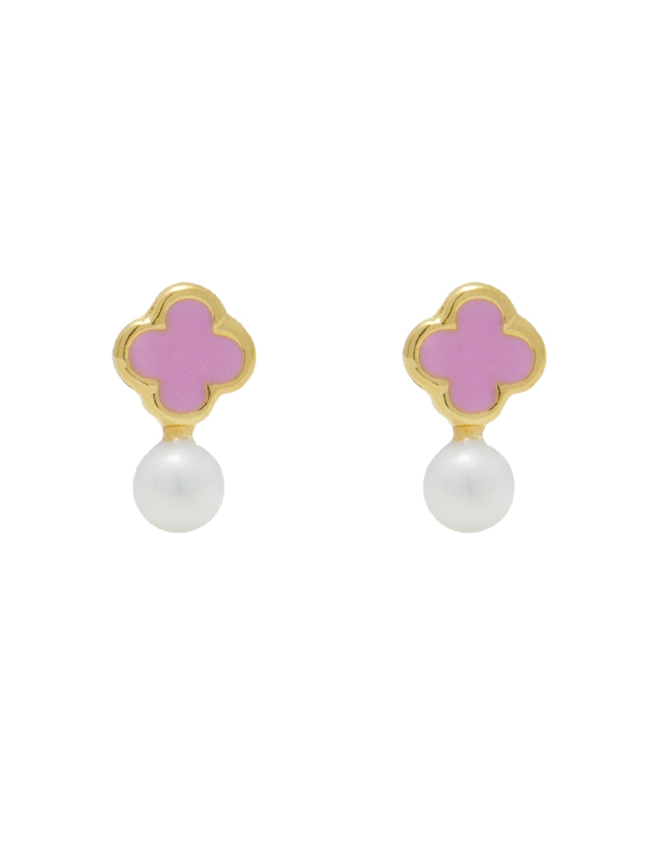Broqueles de flor de oro amarillo con acabado esmaltado perla