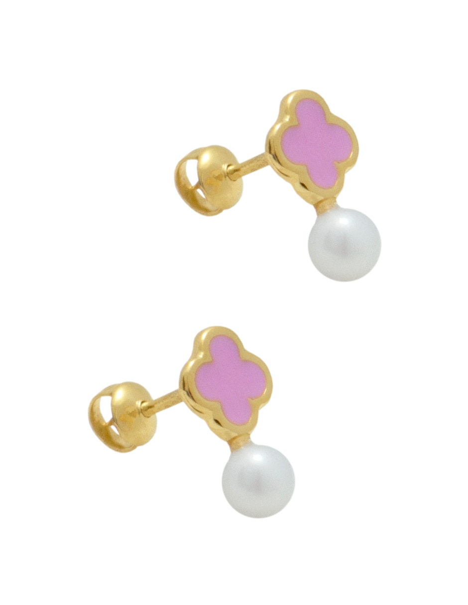 Broqueles de flor de oro amarillo con acabado esmaltado perla 1