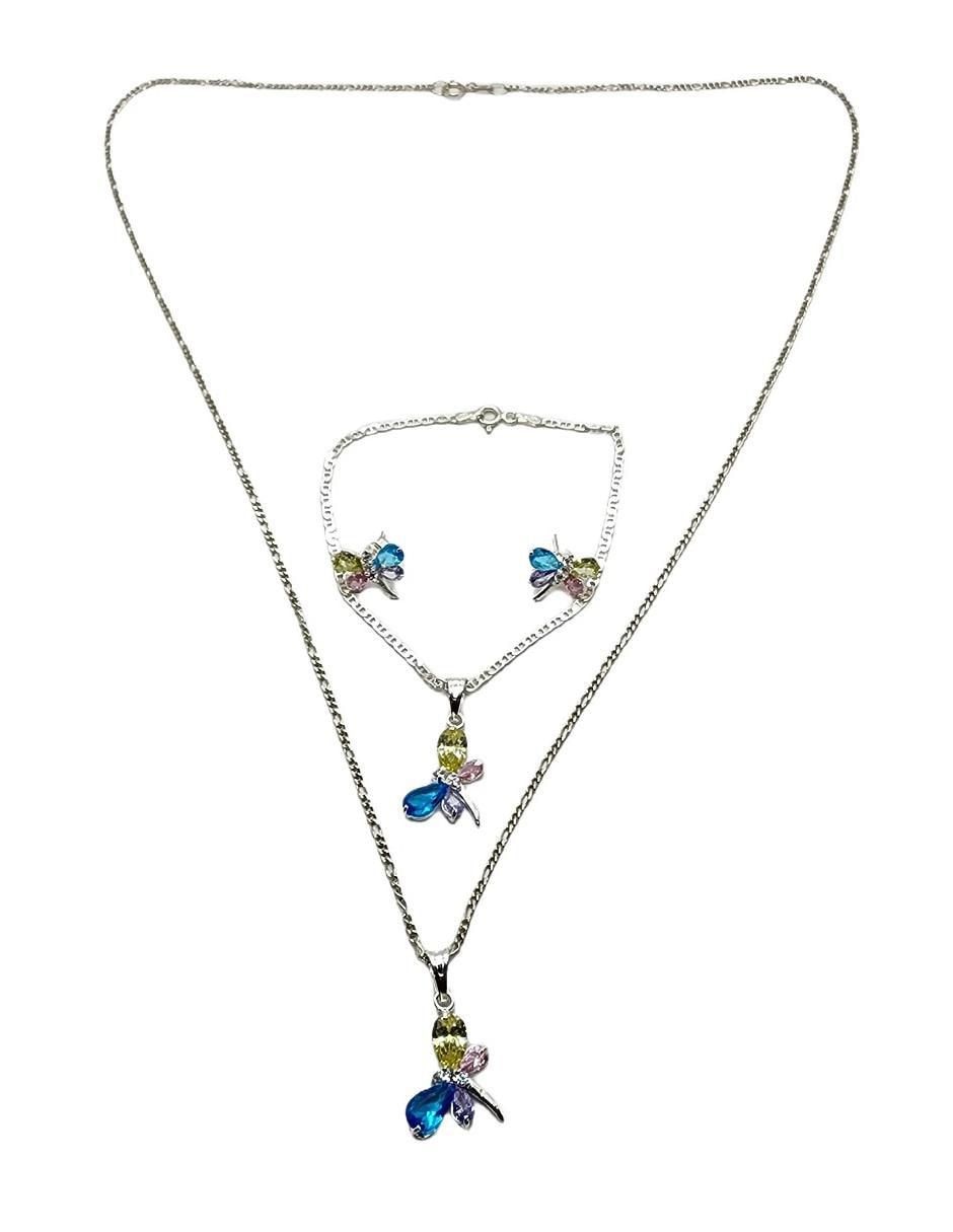 Aretes, collar y pulsera Libélula de plata P925 zirconia 3