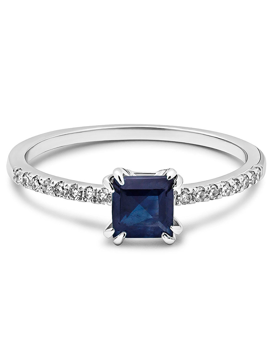 Anillo cuadrado 14 k de oro zafiro y diamante pavé