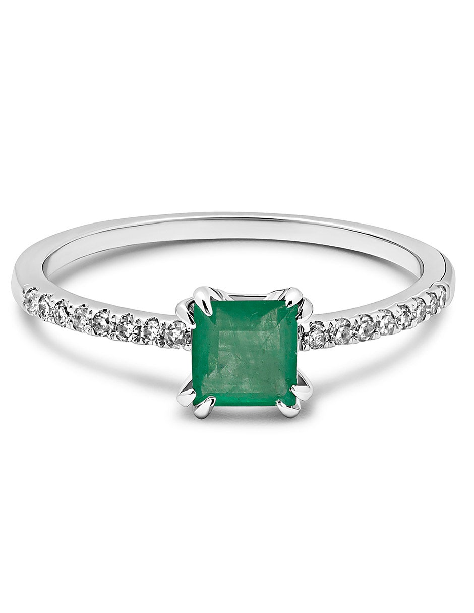 Anillo cuadrado 14 k de oro esmeralda y diamante pavé