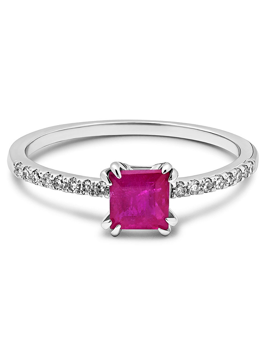 Anillo cuadrado 14 k de oro rubí y diamante pavé