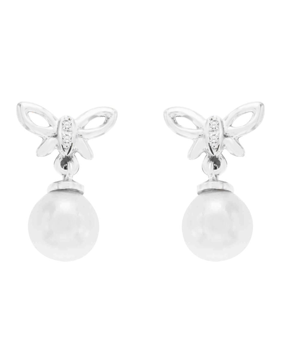 Aretes de mariposa Elen de oro con acabado brillante perla y diamante Aretes de mariposa Elen de oro con acabado brillante perla y diamante