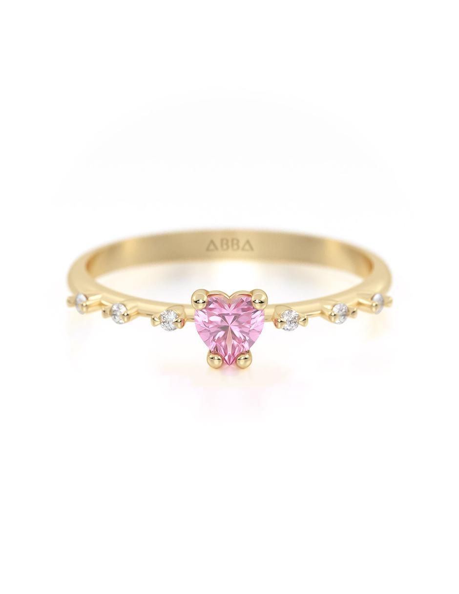 Anillo con gema de corazón 14 k de oro zirconia brillante