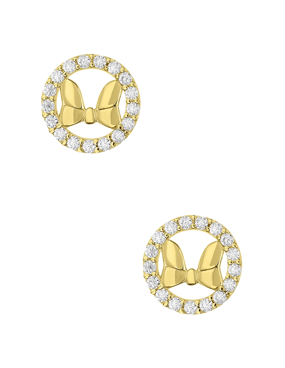 Broqueles de moño Disney de oro amarillo 14 K con acabado pavé zirconia