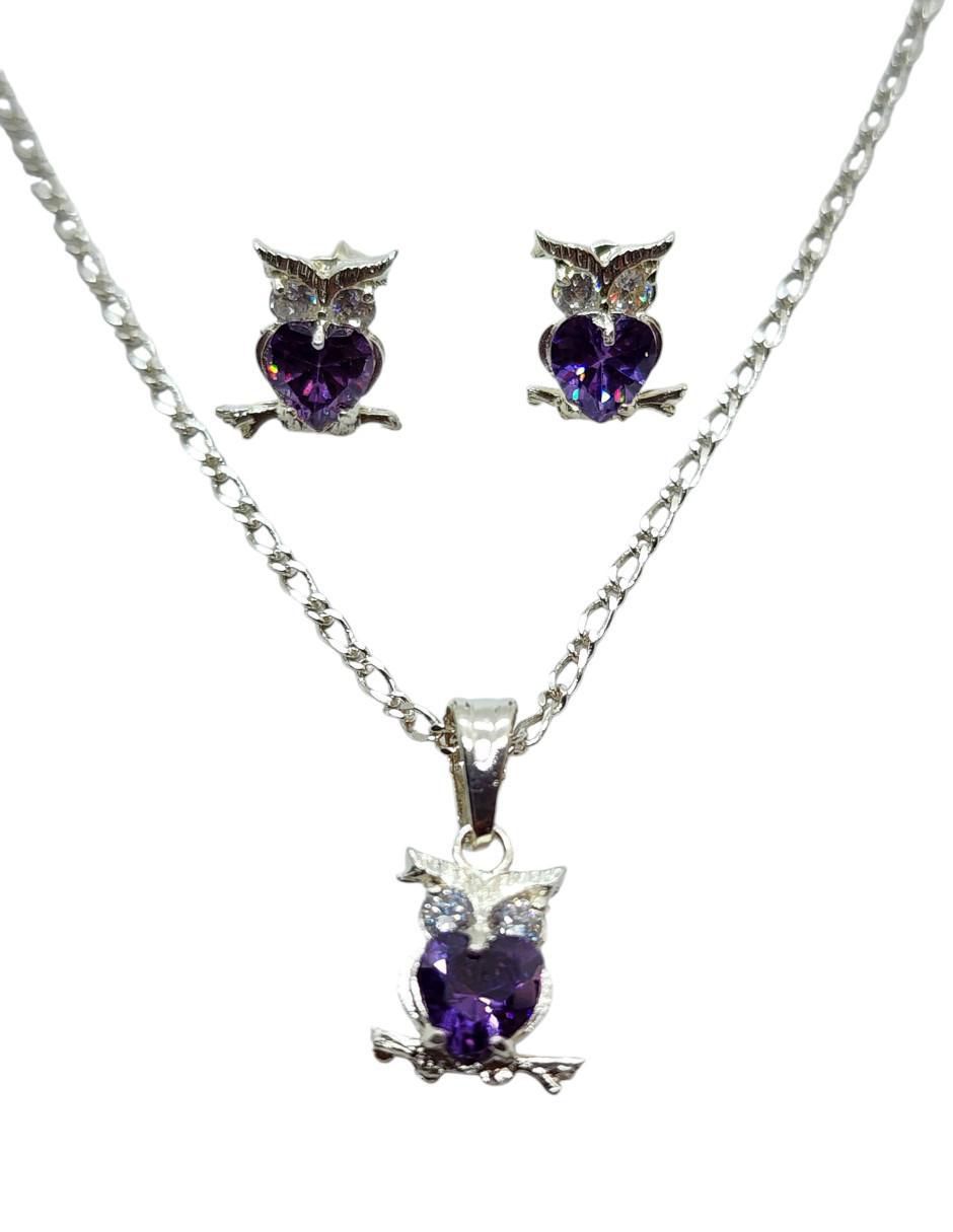 Aretes y collar de búho Ave Nocturna de plata p 925 zirconia Aretes y collar de búho Ave Nocturna de plata p 925 zirconia