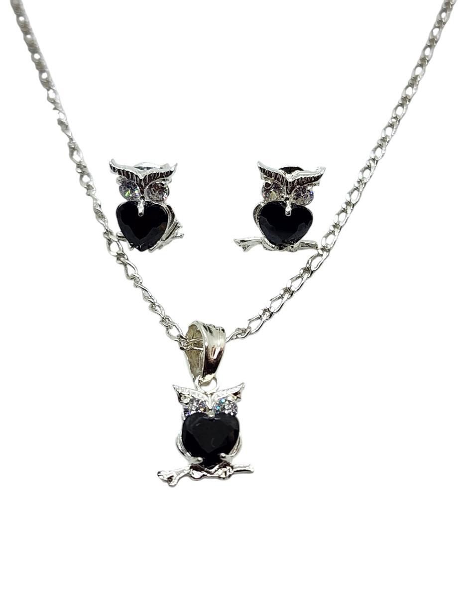 Aretes y collar de búho Ave Nocturna de plata P925 zirconia