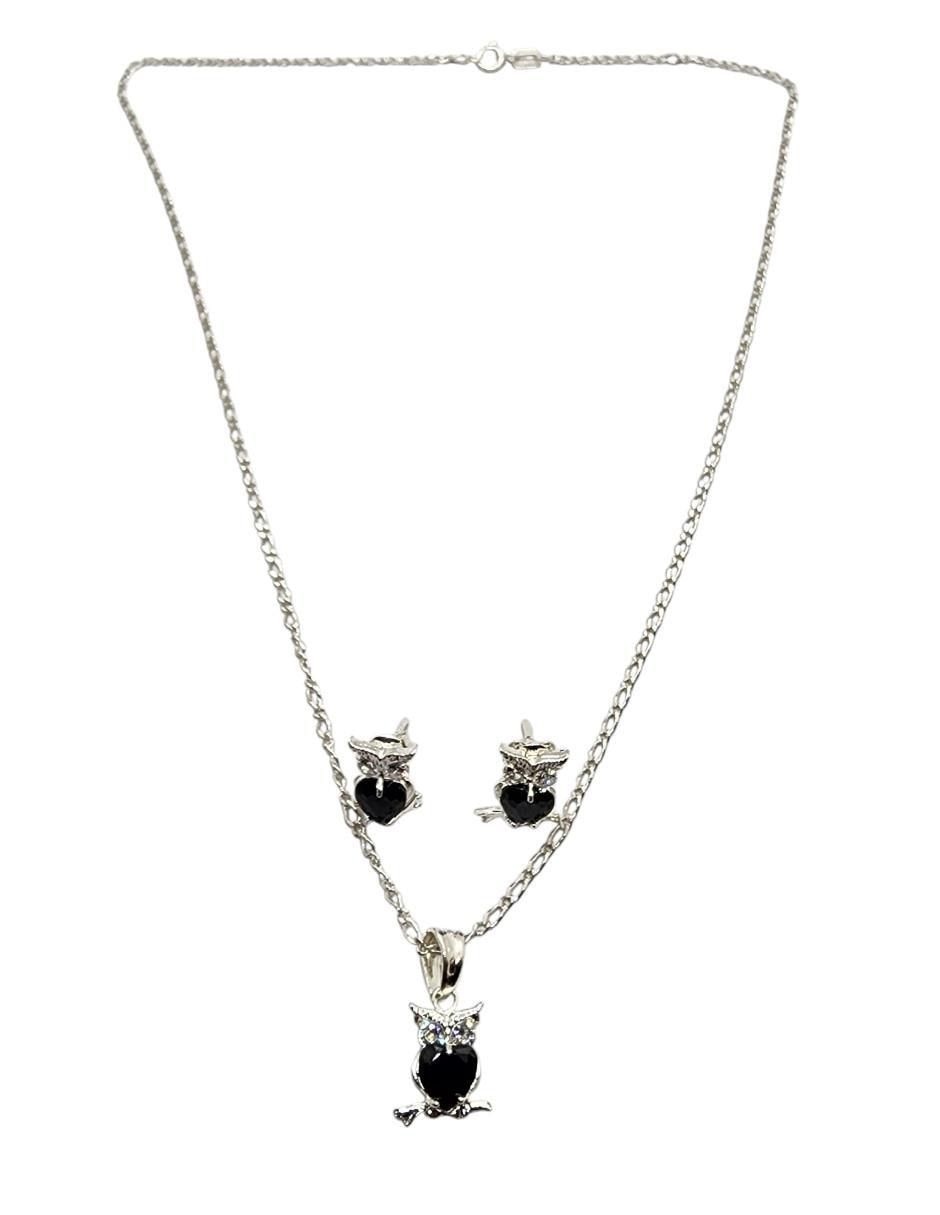Aretes y collar de búho Ave Nocturna de plata P925 zirconia 2