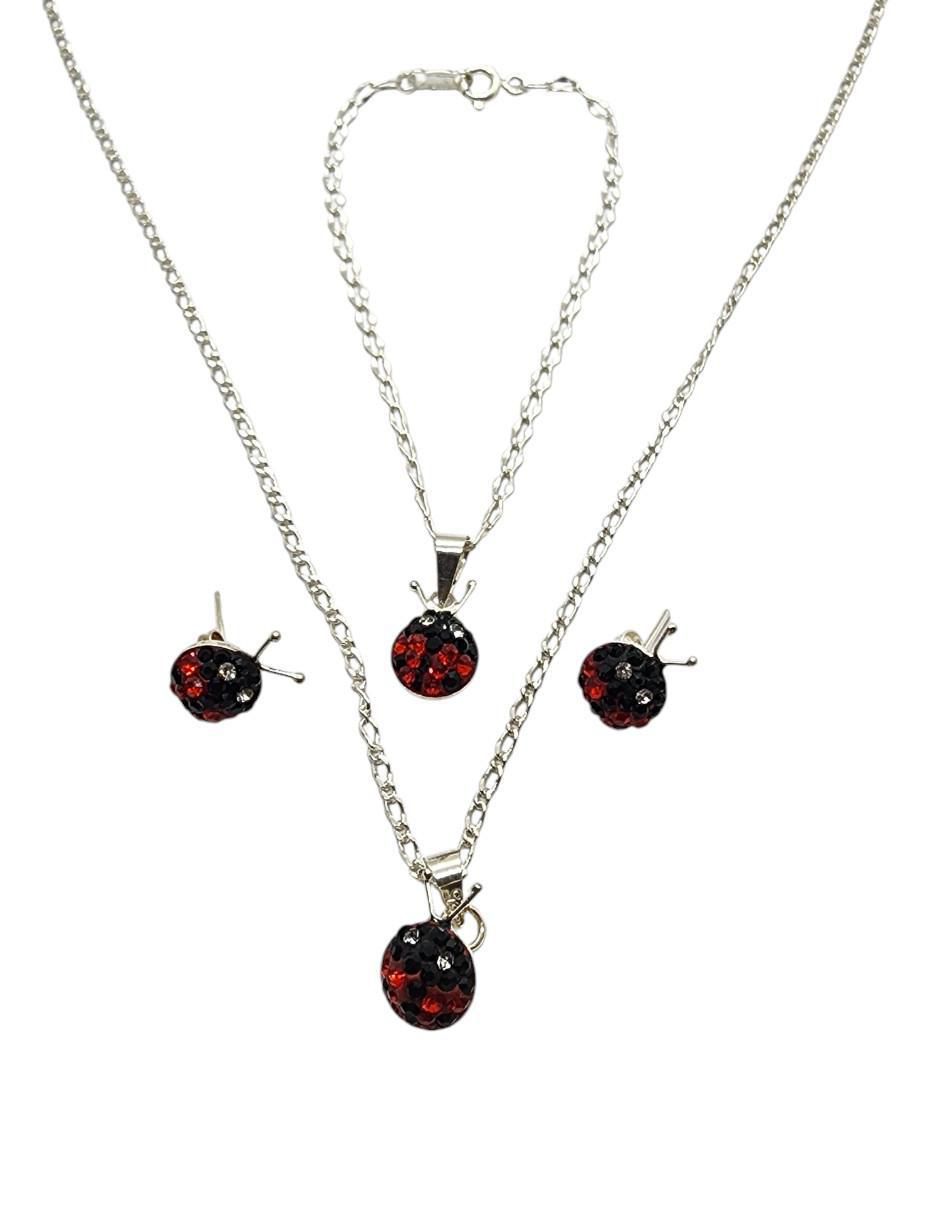 Aretes, collar y pulsera de catarina Mariquita de plata P925 zirconia