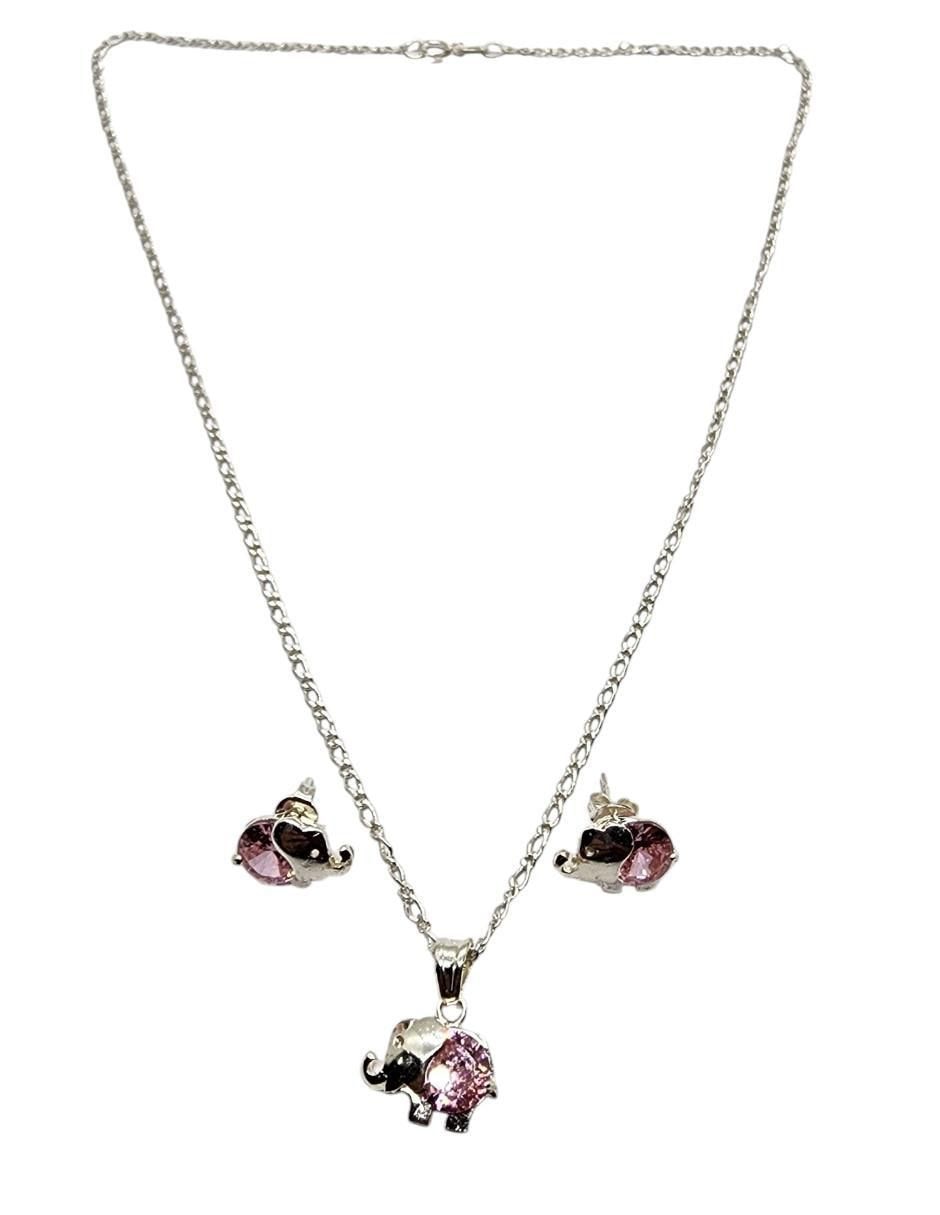 Aretes y collar de elefante Mamifero  de plata P925 zirconia 2