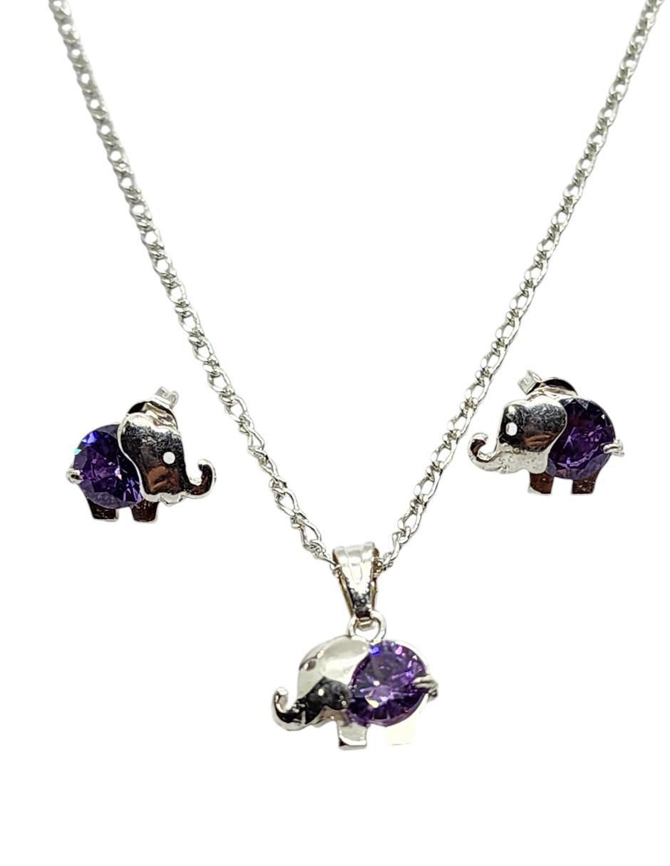 Aretes y collar de elefante Mamifero de plata P925 zirconia Aretes y collar de elefante Mamifero de plata P925 zirconia