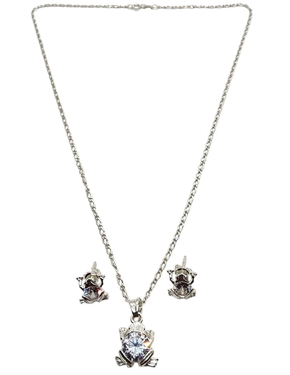 Aretes y collar de rana Anfibio de plata P925 zirconia 2