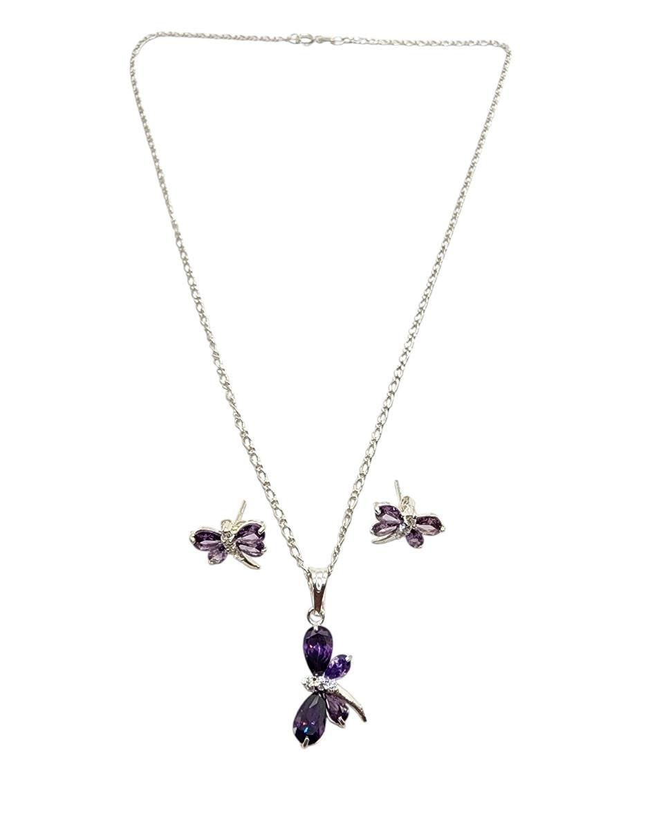 Aretes y collar de libélula Insecto de plata P925 zirconia 2