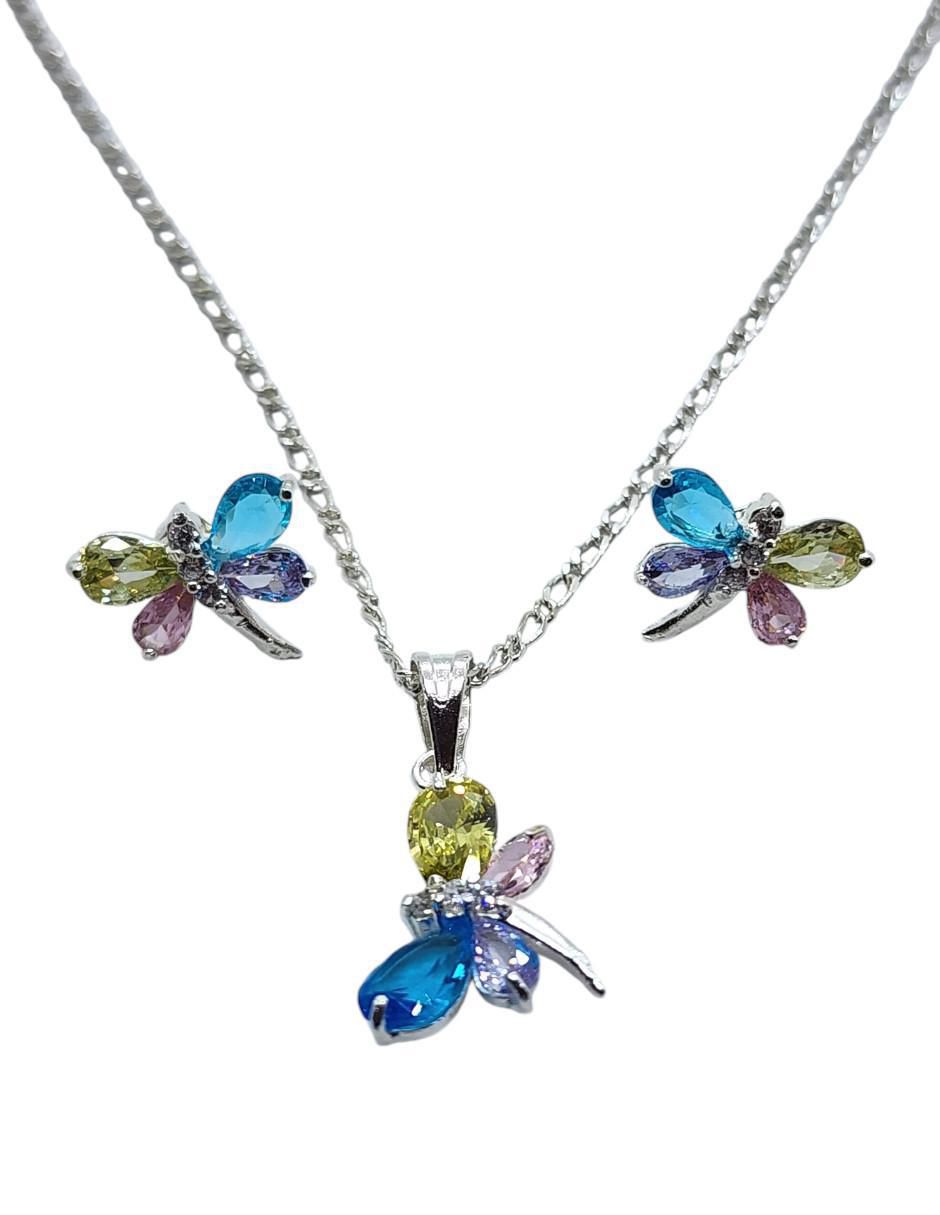 Aretes y collar de libélula Insecto de plata P925 zirconia