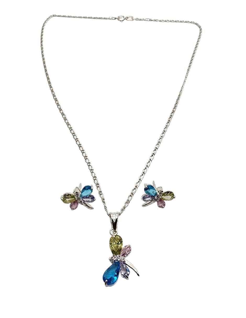 Aretes y collar de libélula Insecto de plata P925 zirconia 2