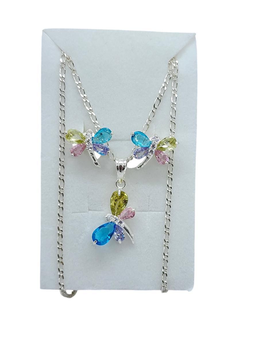 Aretes y collar de libélula Insecto de plata P925 zirconia 3