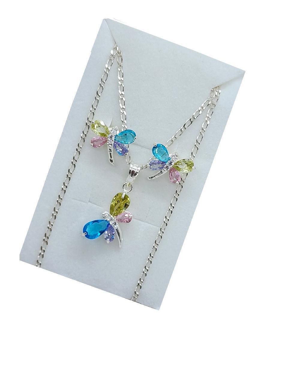 Aretes y collar de libélula Insecto de plata P925 zirconia 4