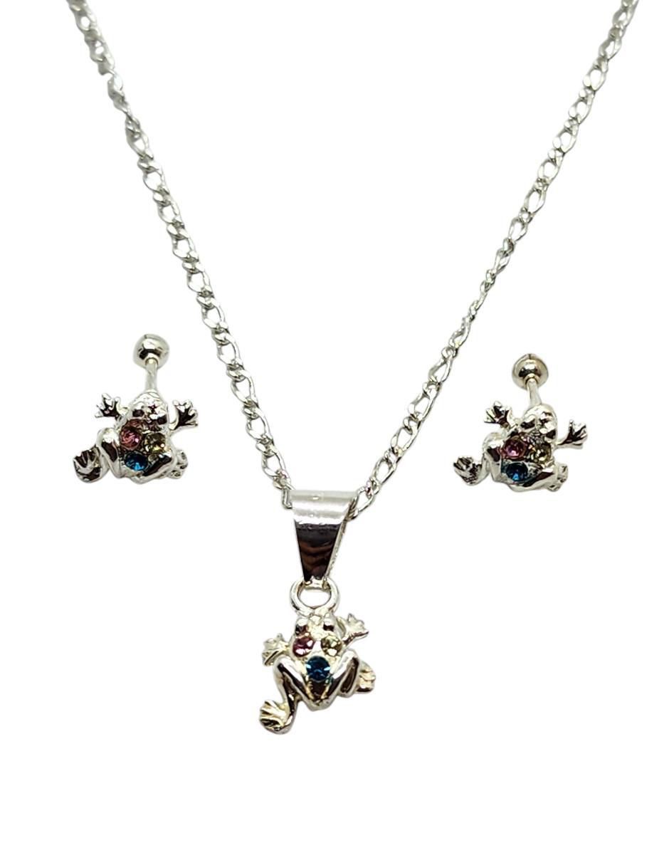 Aretes y collar de rana Anfibio de plata P925 zirconia