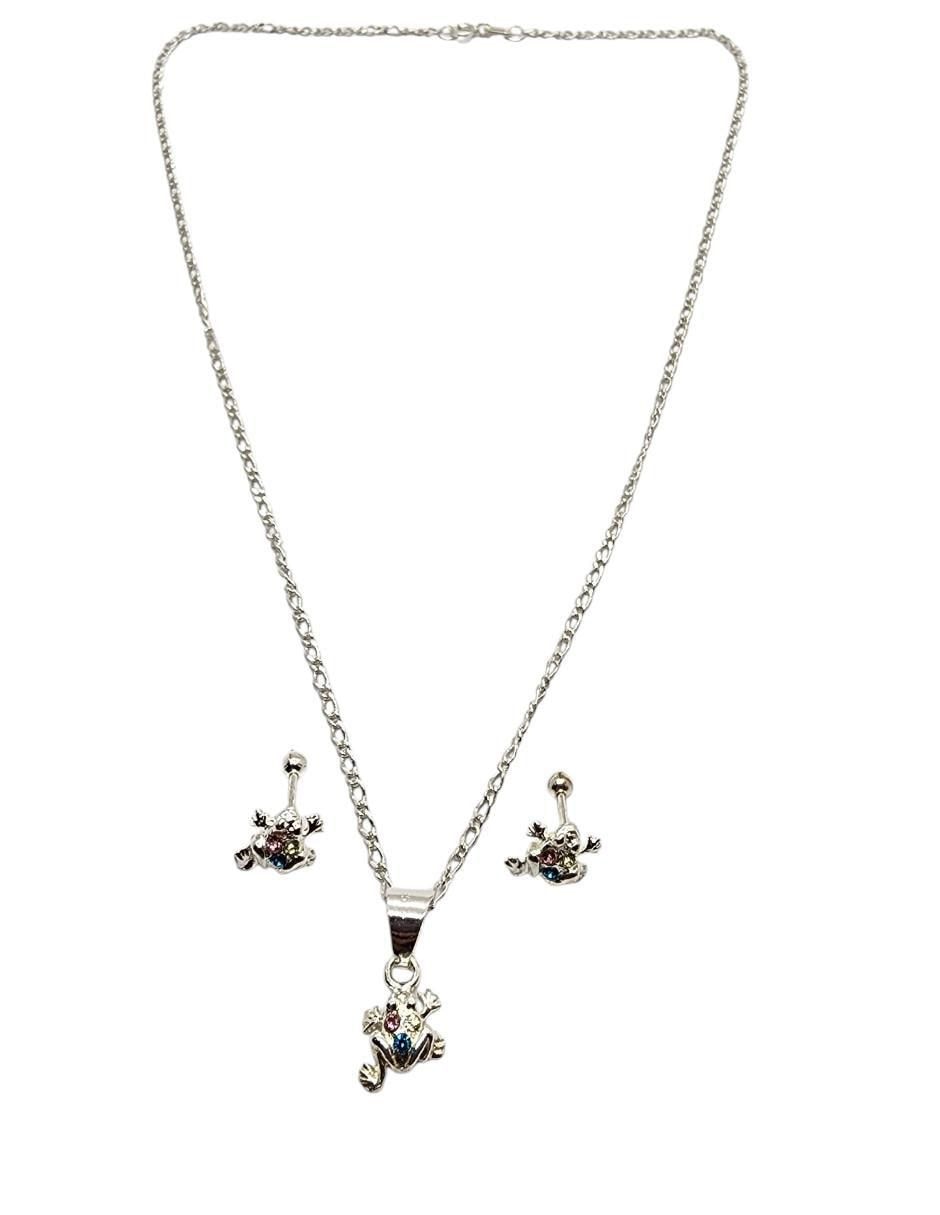 Aretes y collar de rana Anfibio de plata P925 zirconia 2