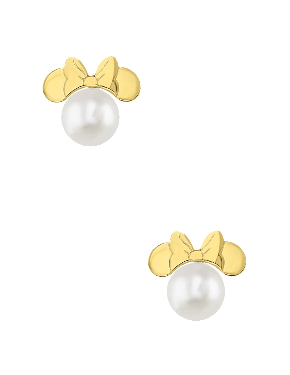 Broqueles Minnie Mouse Disney de oro amarillo con acabado brillante perla