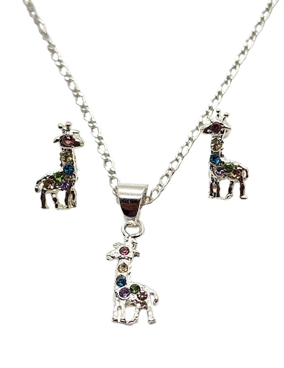 Aretes y collar de jirafa Safari de plata P925 zirconia