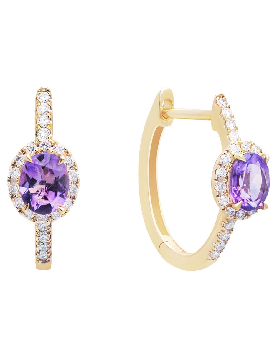 Aretes de aro circulares de oro amarillo con acabado pavé diamante y amatista