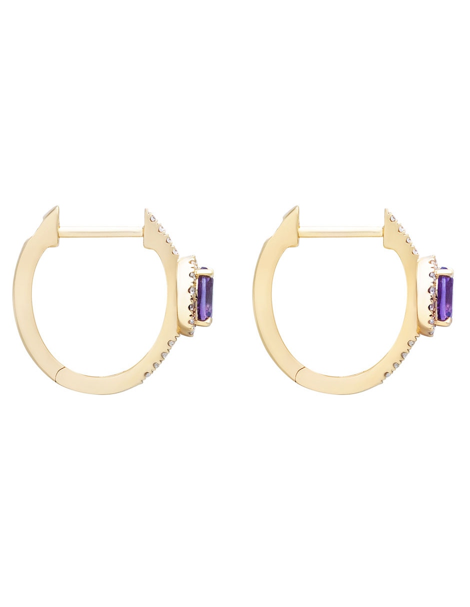 Aretes de aro circulares de oro amarillo con acabado pavé diamante y amatista 2